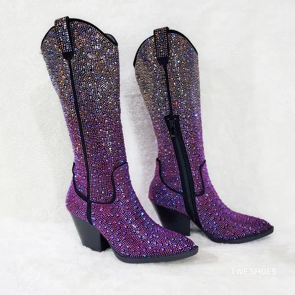 Western Glow Multi Purple Ombre Rhinestone Disco Cowgirl Knee Boots - Picture 5 of 17